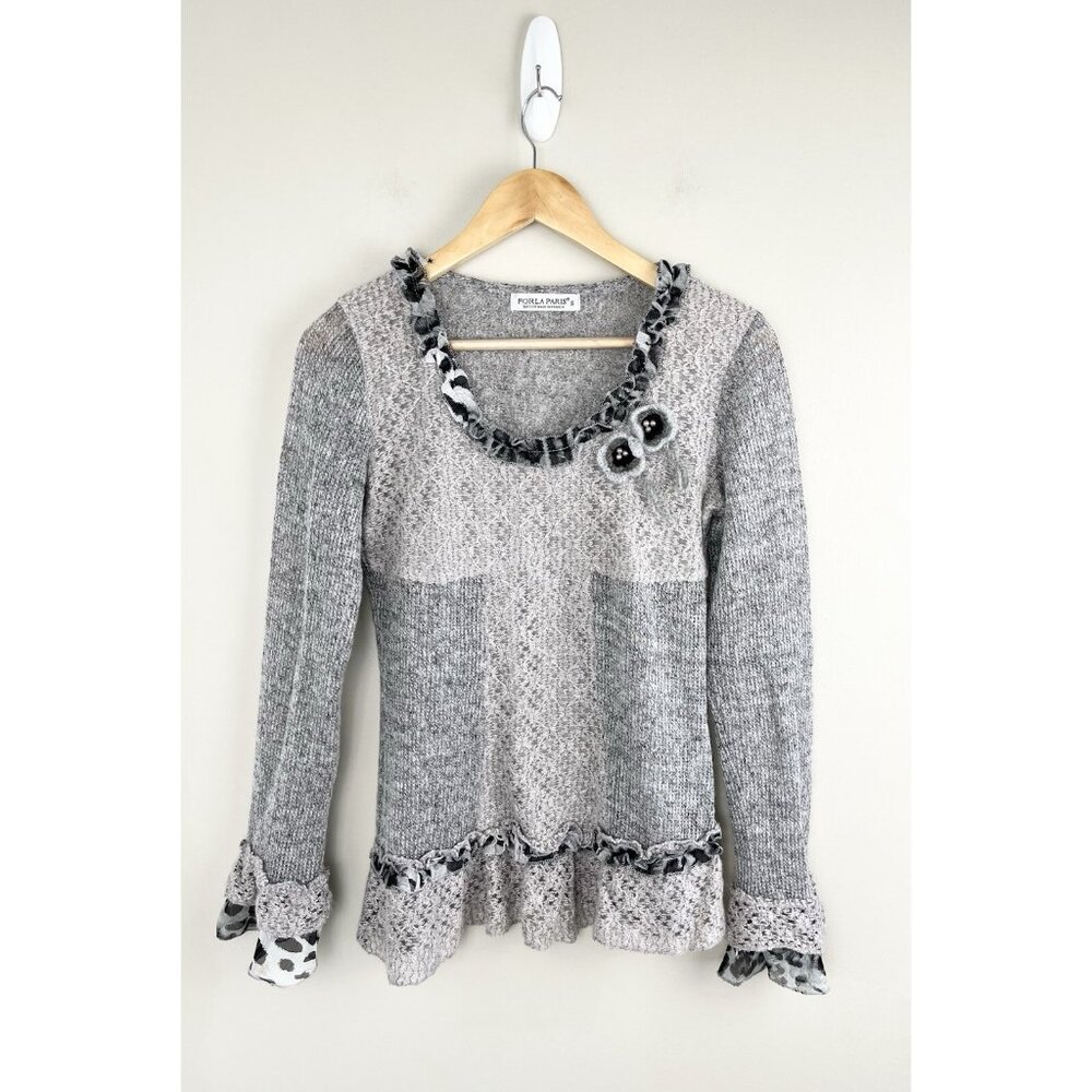 Forla Paris‎ Women’s Sweater Knit Crochet Flowers Ruffles, Boho Sz S
